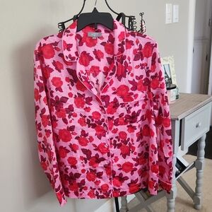 LOFT Vibrant Satin Pink and Red Floral Pajama Set